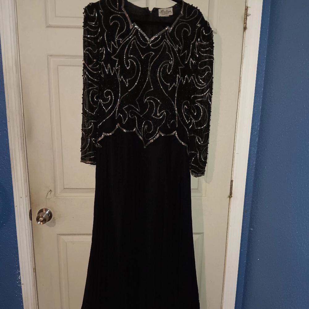 Andrea BBlack and Silver Sequin And Beado Long Sleeve Full Length Evening Gown